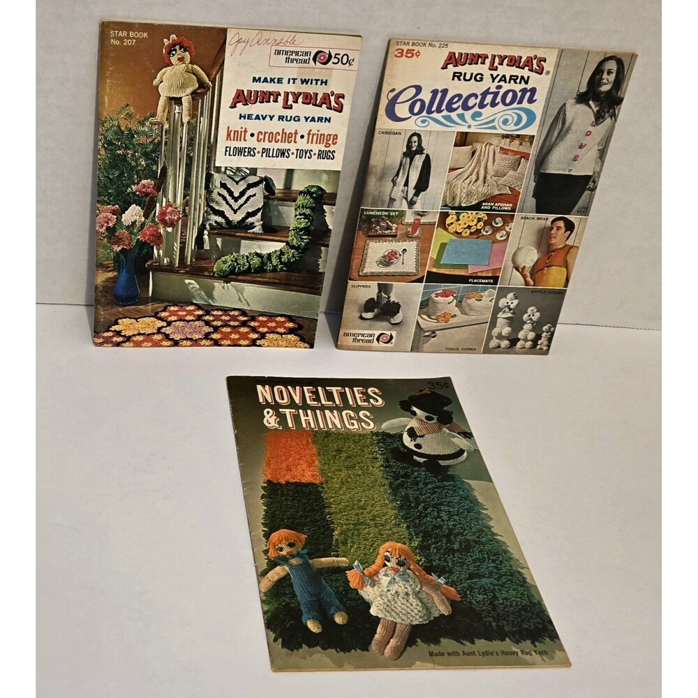 RARE Aunt Lydia Lot of 3 Rug Yarn Crochet Knit Novelties & Things Books